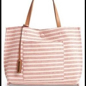 NWOT Street Level Red Striped Canvas Tote Bag Vegan Leather Lining Magnet Close